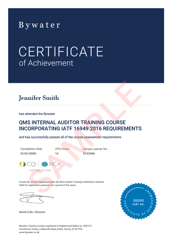 IATF 16949 Internal Auditor Certificate